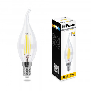 Feron Лампа LED C35Т 7W 230V Е14 2700K  диммируемая LB-167 (Filament)