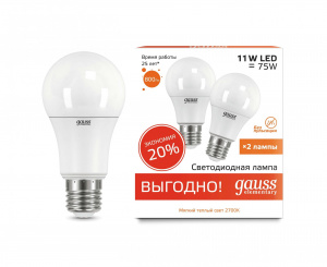 GAUSS 23211P лампа LED Elementary A60 11W Е27 2700K (2шт/уп)