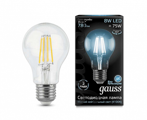 GAUSS 102802208 лампа LED Filament A60 8W E27 4100К